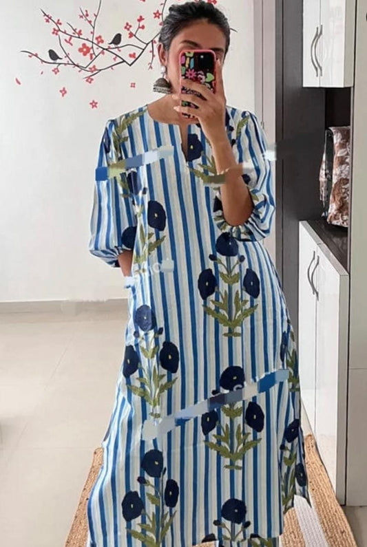 Cool & Contemporary: Sky Blue Floral Striped Cotton Co-ord Set