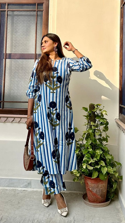 Cool & Contemporary: Sky Blue Floral Striped Cotton Co-ord Set