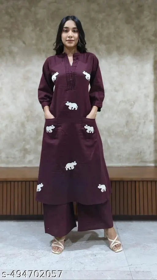 Chic Maroon Kurta Set with Quirky White Elephant Motifs – Effortless Style Meets Comfort
