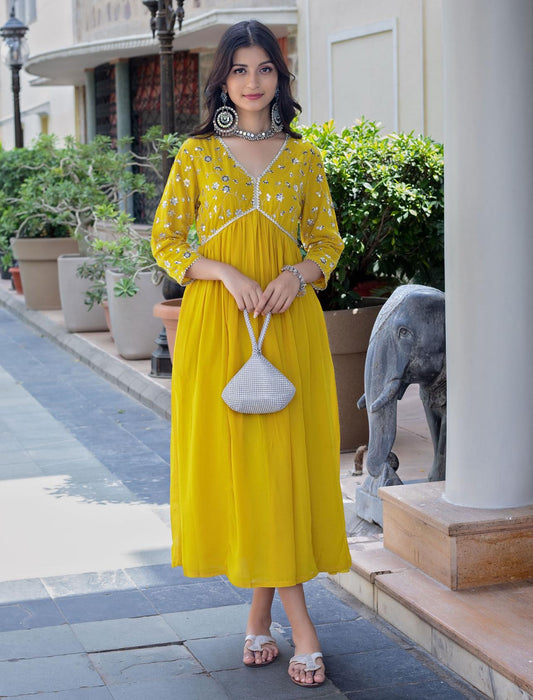 Yellow Sunshine Mirror Work Anarkali ✨