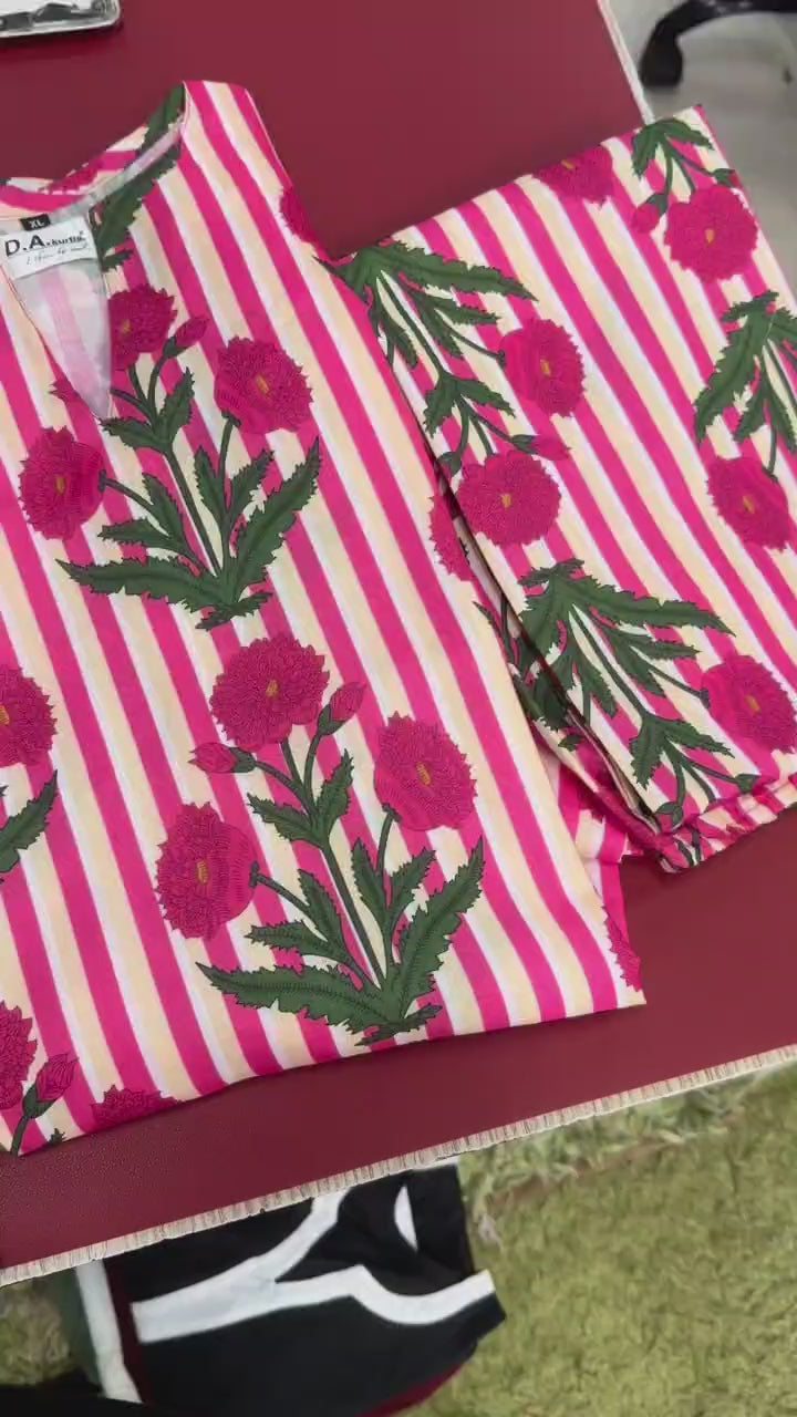 Chic Comfort: Handcrafted Cotton Kaftan with Floral Stripes